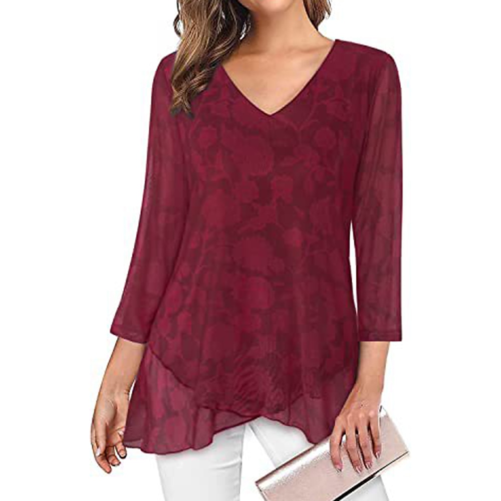 camicetta da donna quotidiano basic stampa floreale manica lunga regular top scollo a V casual nero verde chiaro vino blu verde autunno&amp; inverno del 2025 a $31.99 –P3