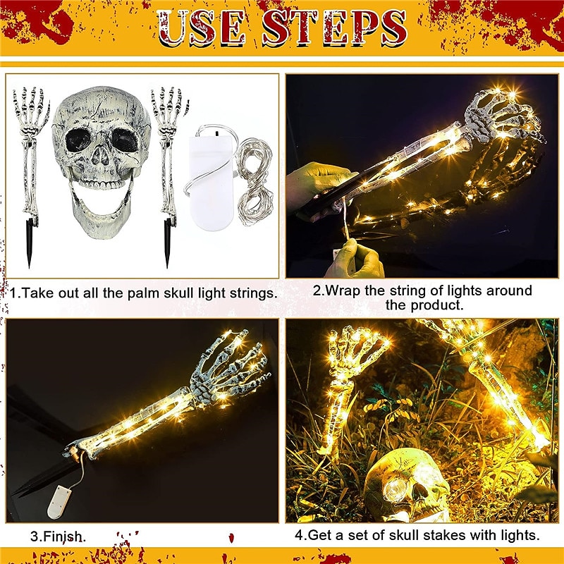 3 pack realistisch uitziende skelet staken kerkhof tuin gazon staken halloween skelet oplichten halloween decoraties skelet handen hoofd tuin paal met lichtsnoeren voor tuin warm wit / paars 2026 - $30.99 –P16