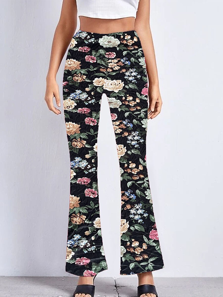 Per donna Fondo a campana Pantaloni Di tendenza Streetwear Lunghezza intera Vita normale Floreale Liscio Vita elastica Stampa Comfort Traspirabilità Morbido Media elasticità Da mare Feste Strada Nero del 2025 a $16.99 –P6