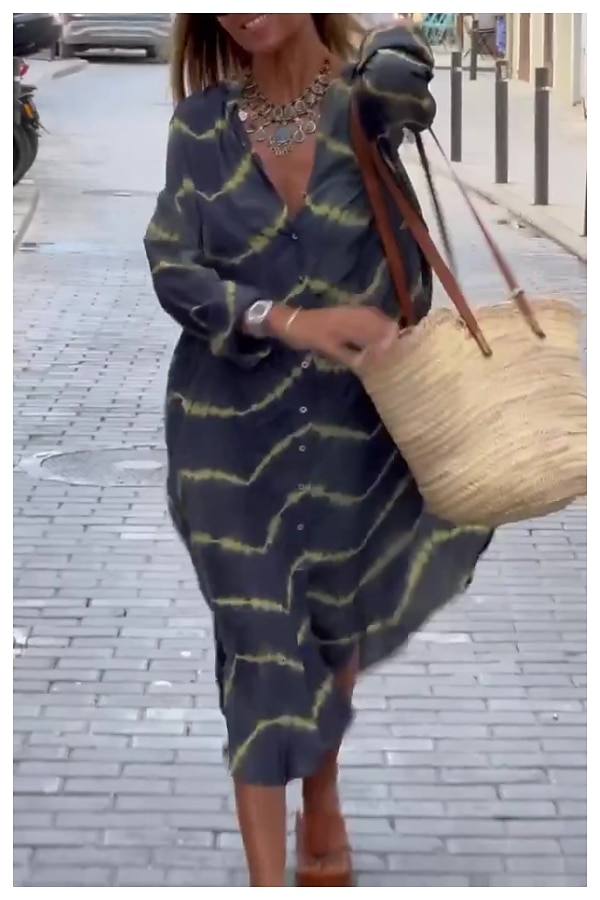 kvinners geometriske stripe knapp splitt v-hals maxi lang kjole daglig ferie langermet sommer våren 2025 - $51.99 –P8
