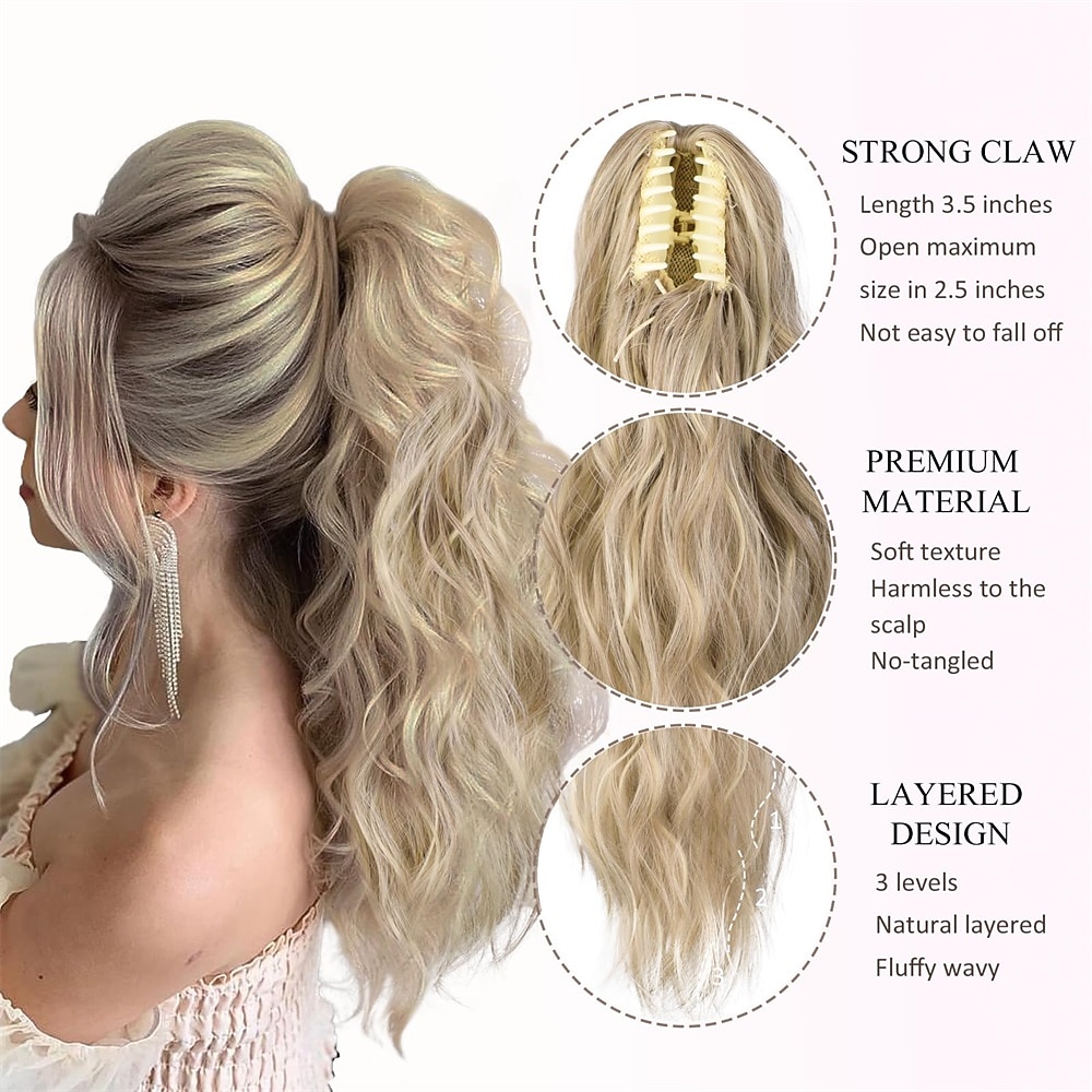 Ponytail Extension Claw Clip in Pony Tails Hair Extensions Fluffy Natural Synthetic Wavy Secret Ponytail Hairpiece 22 Inch Dirty Blonde mix Highlight Blonde for Women Daily Use party 2026 - $17.49 –P13