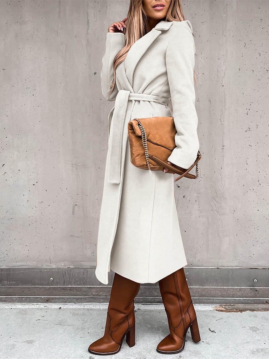 Women's Winter Coat Long Overcoat with Belt Fall Lapel Pea Coat with Pockets Trench Coat Fashion Street Wear Formal Jacket Long Sleeve  Black White Yellow 2023 - US $36.99 –P12