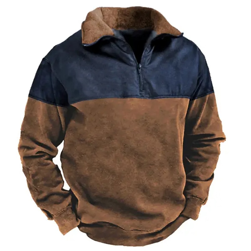 Brown Color Block Half Zip Up Hoodie