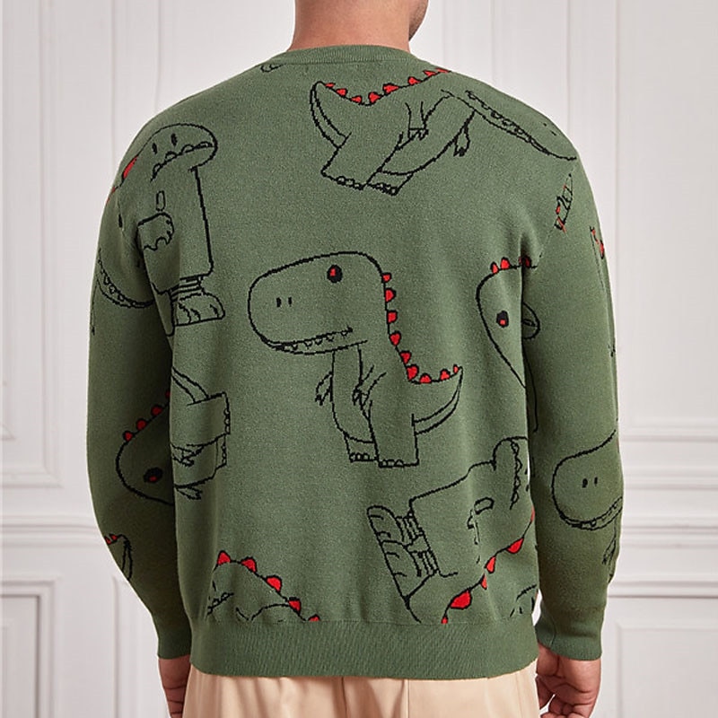 Herren Cartoon Dinosaurier Pullover Strickware Rundhalsausschnitt Mode Streetwear Designer Urlaub Alltagskleidung Ausgehen Gestrickt Langarm Herbst Winter Armeegrün 2025 - $37.99 –P5