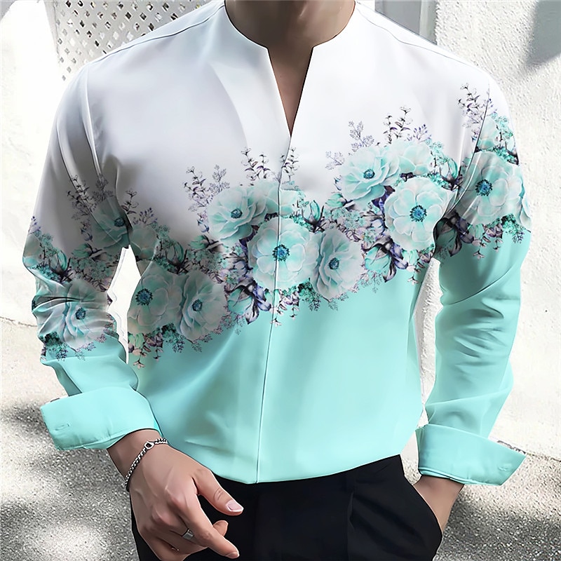 Herre Blomstret Skjorte Skjorte med knapper Langermet Mote Gatemote Designer utendørs Avslappet Daglig Sommer Høst V-hals Trykt mønster Gul Rosa Blå Lilla Grå 2025 - $26.99 –P2