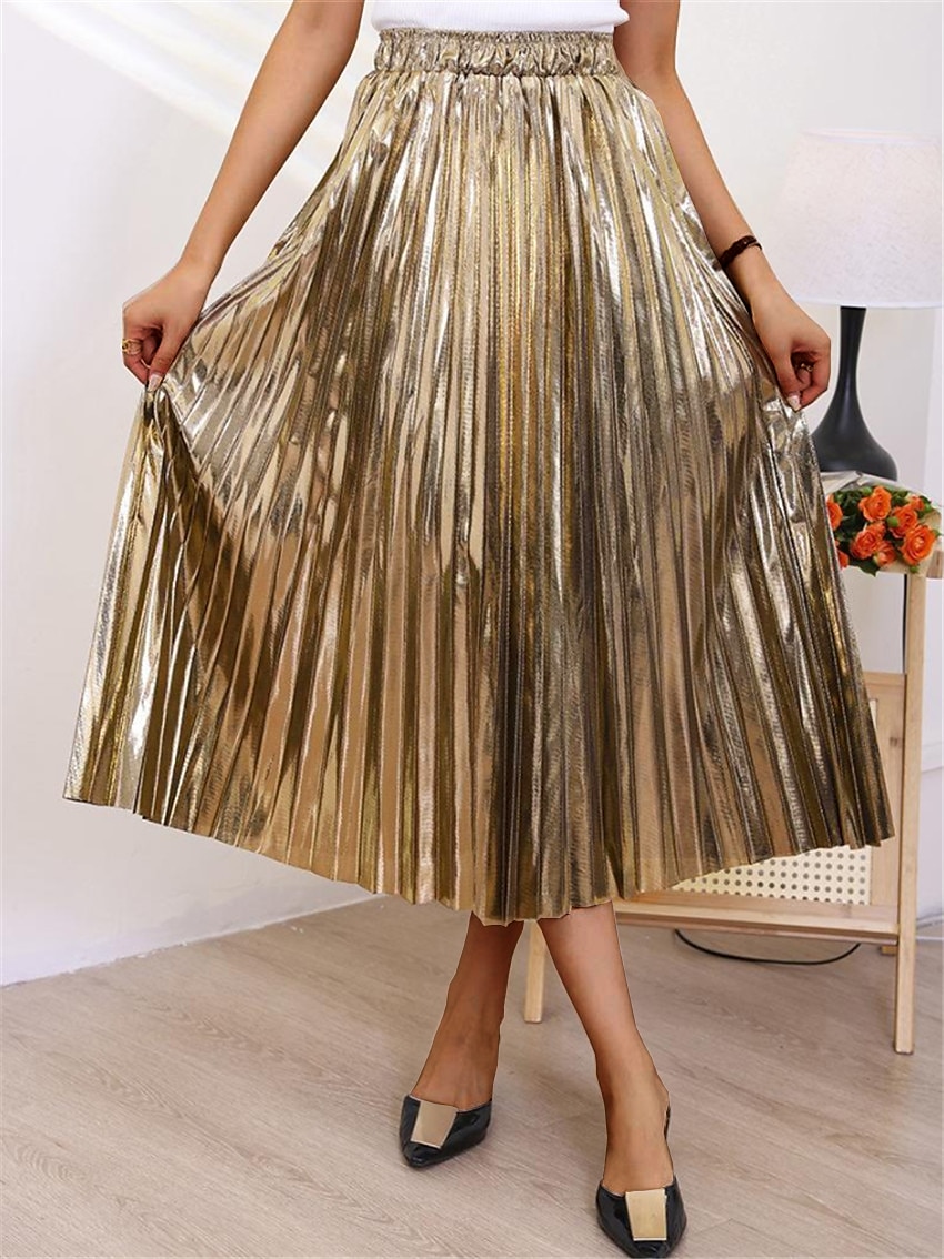 Per donna Altalena a dondolo Gonna lunga Medio Gonne A pieghe Metallizzato Lungo Tinta unita Scintillante Halloween Strada Per tutte le stagioni Poliestere Di tendenza Brillante Argento Nero Oro Oro del 2025 a $28.99 –P2