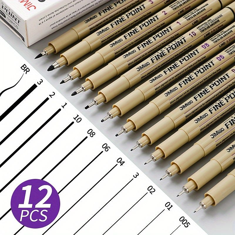 12 шт., маркеры для линий, пластиковые ручки для рисования, ручки для рисования с тонкими линиями, совместимые с пишущей живописью 005 01 02 03 04 05 08, кисть с разными наконечниками, черная тонкая 2025 - $20.99 –P4