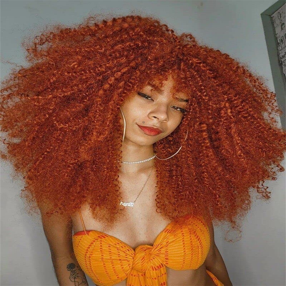 18 inch lange krullende pruik met pony voor zwarte vrouwen afro bom kinky krullende pruik pluizig en zacht synthetisch haar 2025 - $24.99 –P14