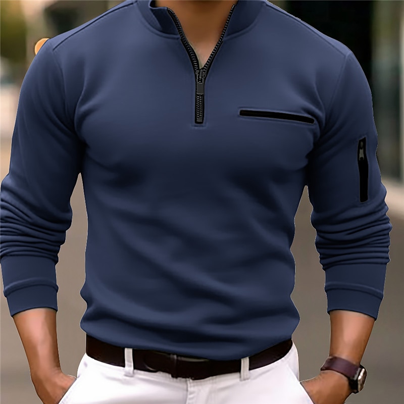Homens Camiseta Polo Pullover Esportes Roupa Diária Quarter Zip Manga Longa Moda Confortável Tecido Bolsos Zip Up Primavera & Outono Normal Preto Branco Azul Marinha Laranja Camiseta Polo de 2026 por $23.99 –P2