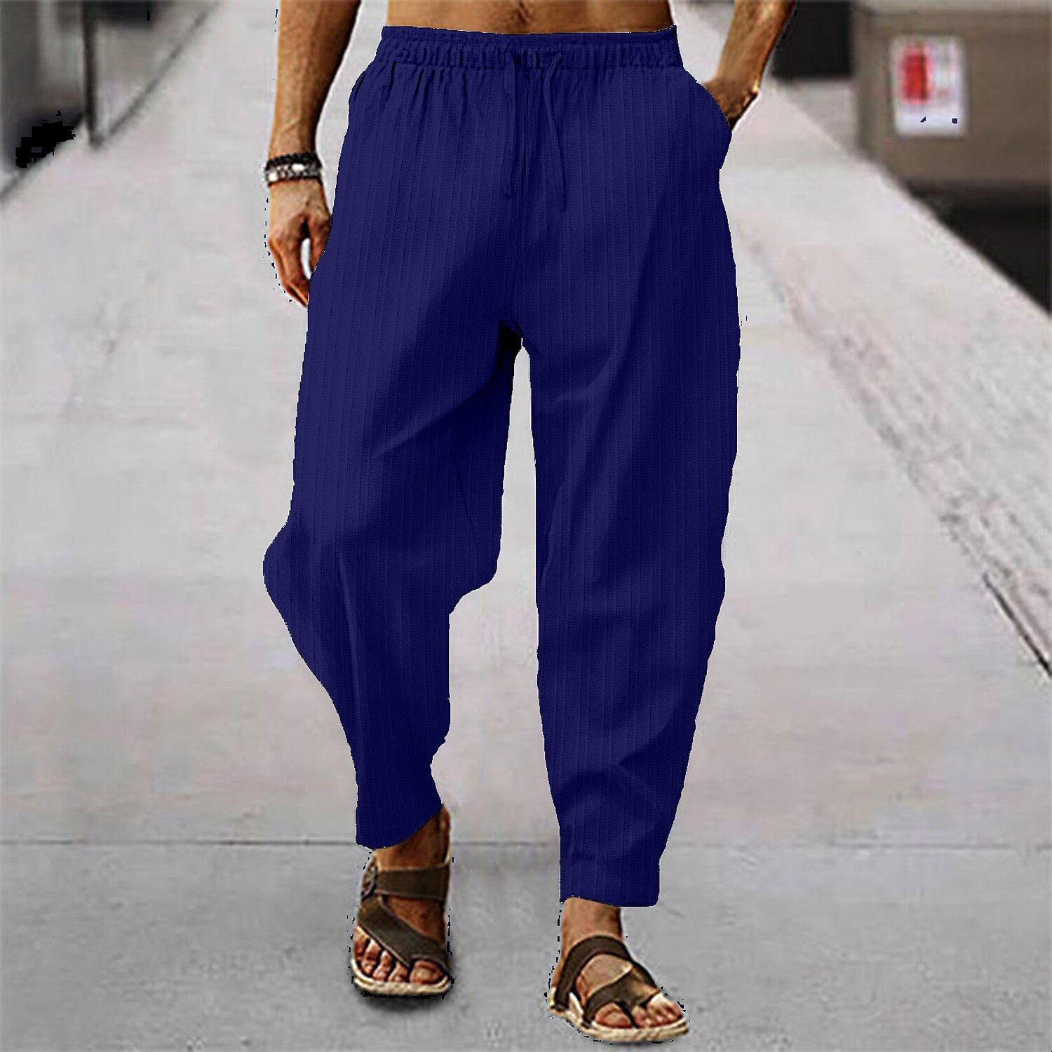 Men's Trousers Summer Pants Baggy Pants Pocket Drawstring Elastic Waist Stripe Full Length Casual Daily Fashion Classic Style Loose Fit Dark Brown Dark Khaki Inelastic 2025 - $15.49 –P4