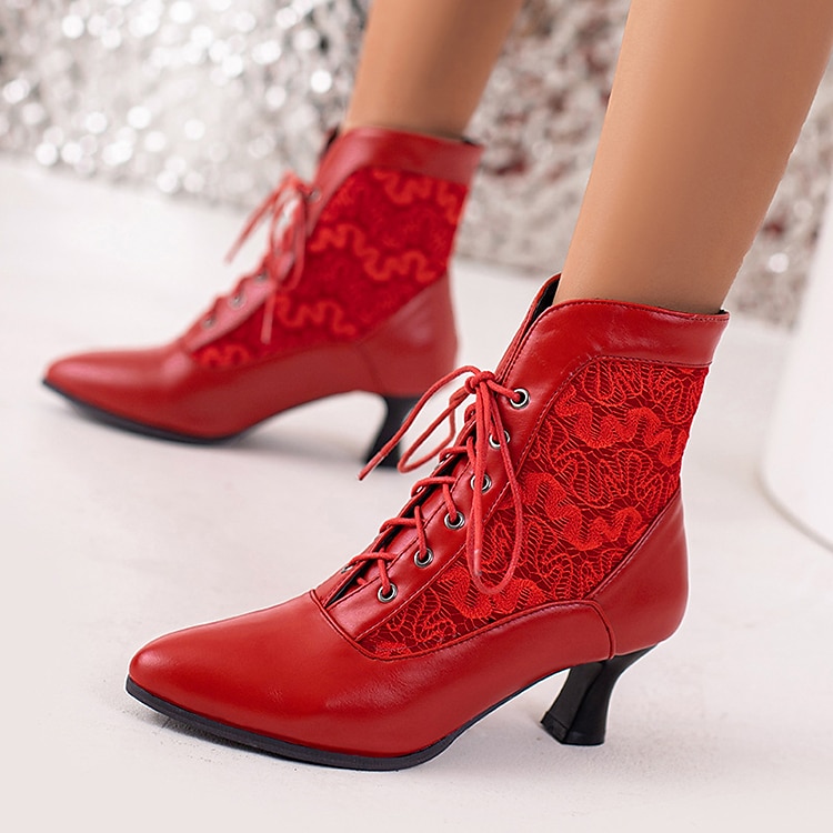 Botines blancos con cordones para mujer, paneles bordados y tacón medio: estilo victoriano elegante para ocasiones formales 2025 - $64.99 –P4