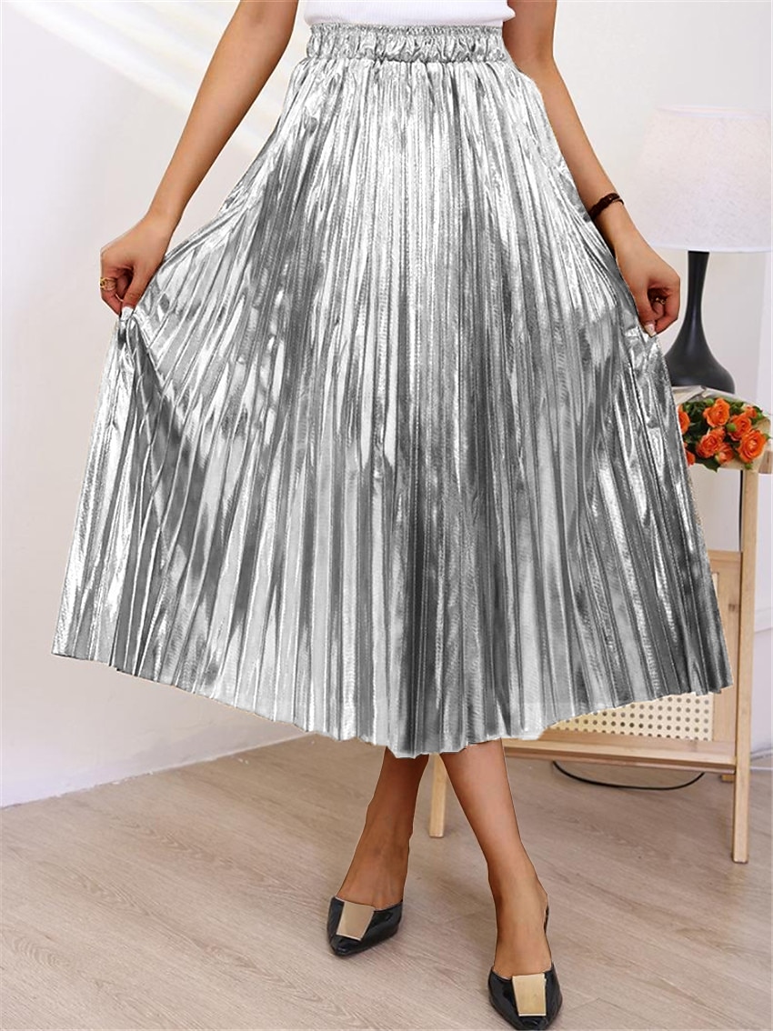 Per donna Altalena a dondolo Gonna lunga Medio Gonne A pieghe Metallizzato Lungo Tinta unita Scintillante Halloween Strada Per tutte le stagioni Poliestere Di tendenza Brillante Argento Nero Oro Oro del 2025 a $28.99 –P5