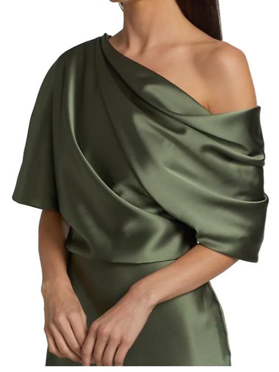 Etui Kleid Mutter der Braut Hochzeitsgast Formelles Abendkleid Elegante Party Schulterfrei Zug-Länge Satin Halbelängliche Ärmel mit Raffung. 2025 - $170.99 –P1