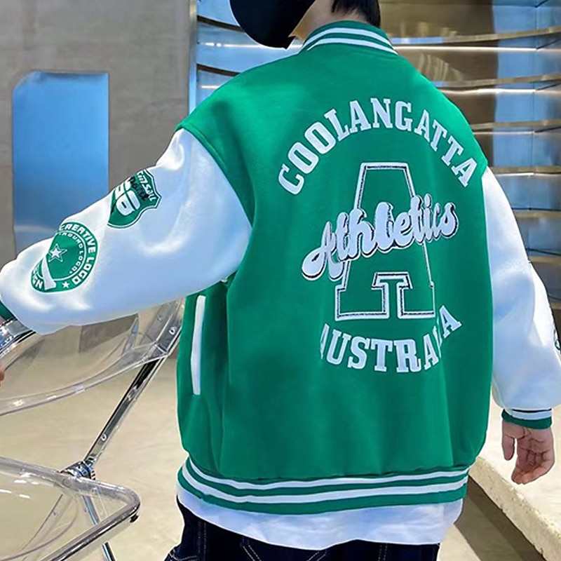 Barn Pojkar Baseballjackor Ytterkläder Färgblock Bokstav Rand Långärmad Ficka Täcka Skola Sport Mode Streetwear Svart Grön Höst Vinter 7-13 år 2025 - $22.99 –P12