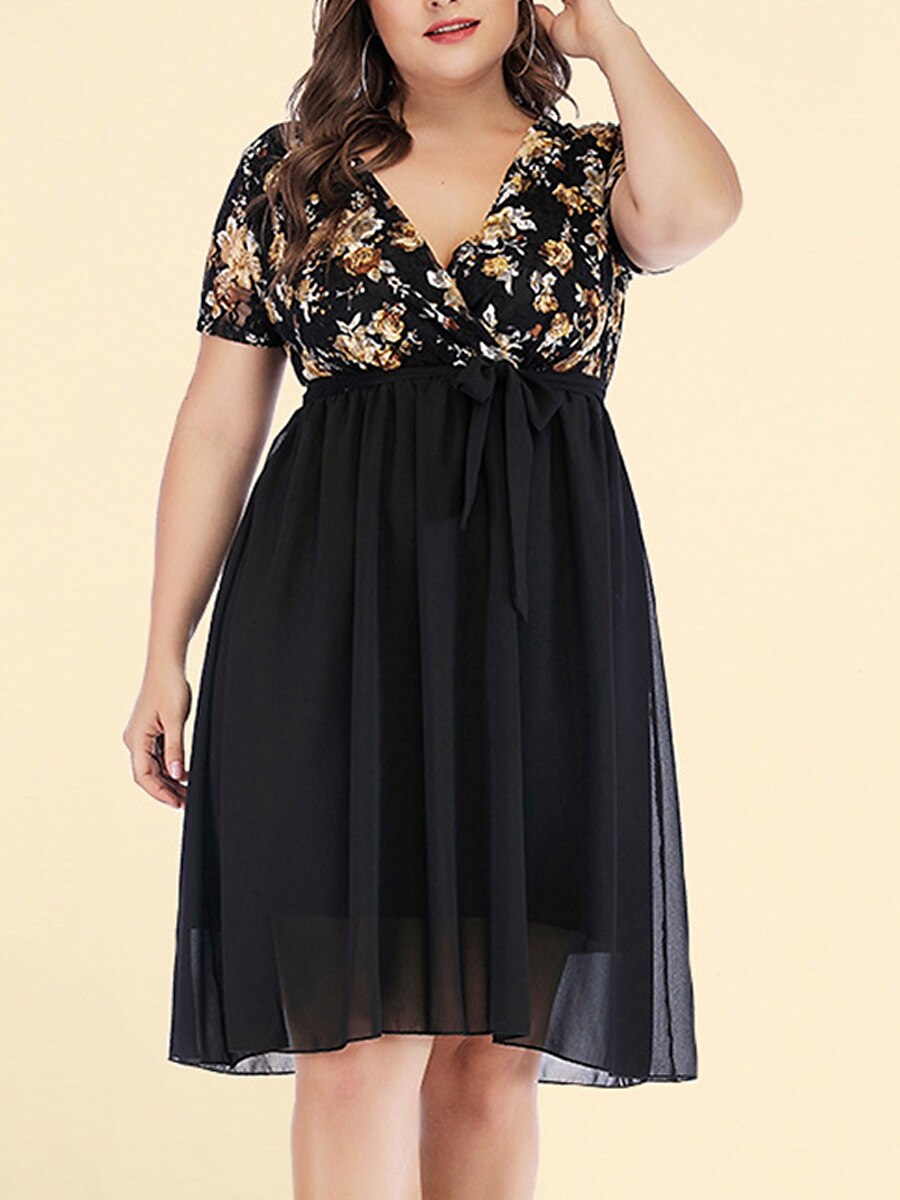 Women Plus Size Lace V-neck Short Sleeve Cocktail Wedding Guest