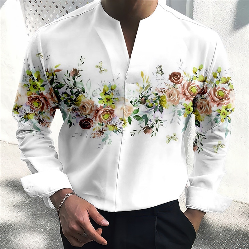 Herre Blomstret Skjorte Skjorte med knapper Langermet Mote Gatemote Designer utendørs Avslappet Daglig Sommer Høst V-hals Trykt mønster Gul Rød Blå Lilla Grønn 2025 - $25.99 –P4