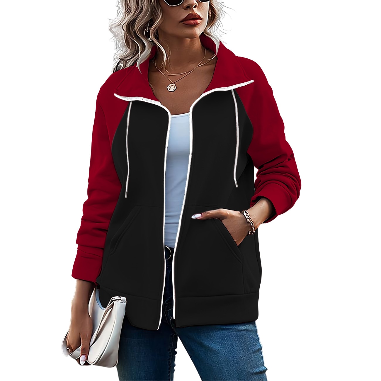 Damen Farbblock Basic Langarm Kapuzenpullover Normale Oberteile Strasse Casual Reißverschluss Vordertasche Weiß Rosa Rote Grün Armeegrün Herbst Winter 2025 - $20.99 –P8