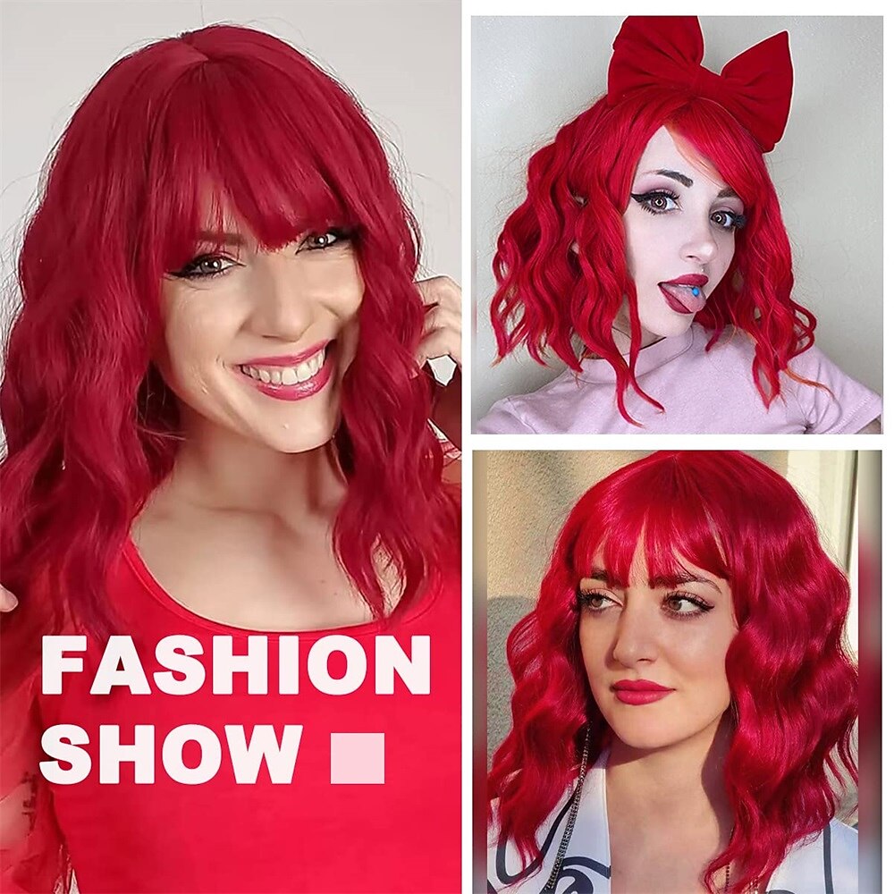 Pink Wig with Bangs Short Wavy Pink Wigs for Women Bob Wig 14 Inch Shoulder Length Middle Part Pastel Wig Curly Synthetic Colored Wigs for Girls Daily Cosplay Party Use 2025 - $21.99 –P12