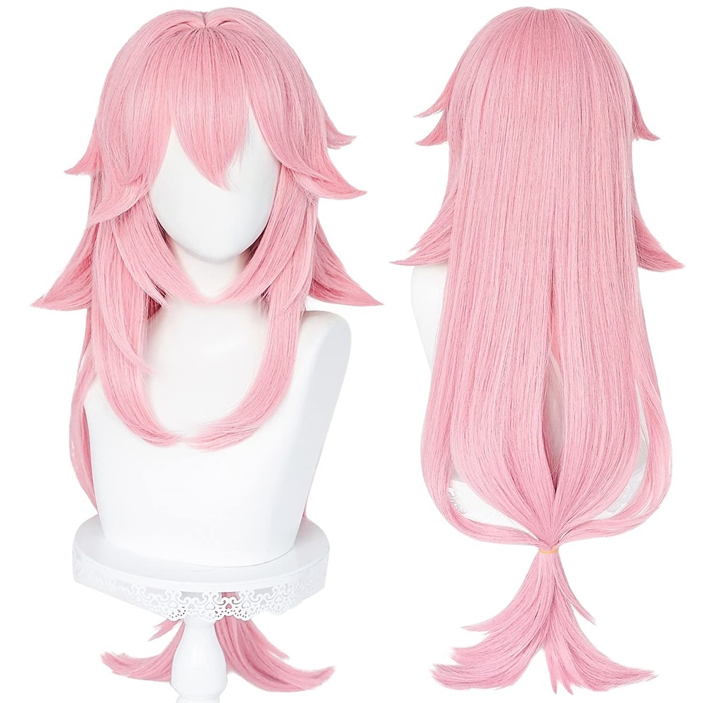 parrucca rosa per cosplay guuji yae miko capelli con frangia a coda di cavallo parrucca lunga riccia e soffice per festa di carnevale del 2025 a $26.99 –P1