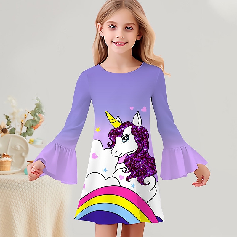 Girls' 3D Graphic Cartoon Unicorn Dress Long Sleeve 3D Print Summer Fall Vacation Sports & Outdoor Daily Cute Casual Beautiful Kids 3-12 Years Casual Dress A Line Dress Above Knee Regular Fit 2025 - $15.99 –P6
