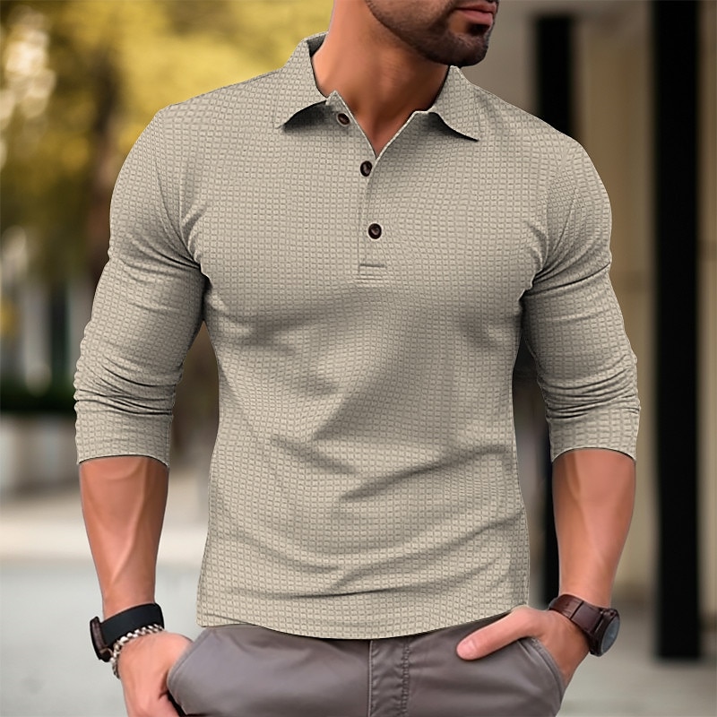 Herren Waffel-Poloshirt Polos mit Knöpfen Casual Sport Kargen Langarm Modisch Basic Glatt Taste Frühling & Herbst Regular Fit Armeegrün Orange Khaki Hellgrau Waffel-Poloshirt 2025 - $17.99 –P1