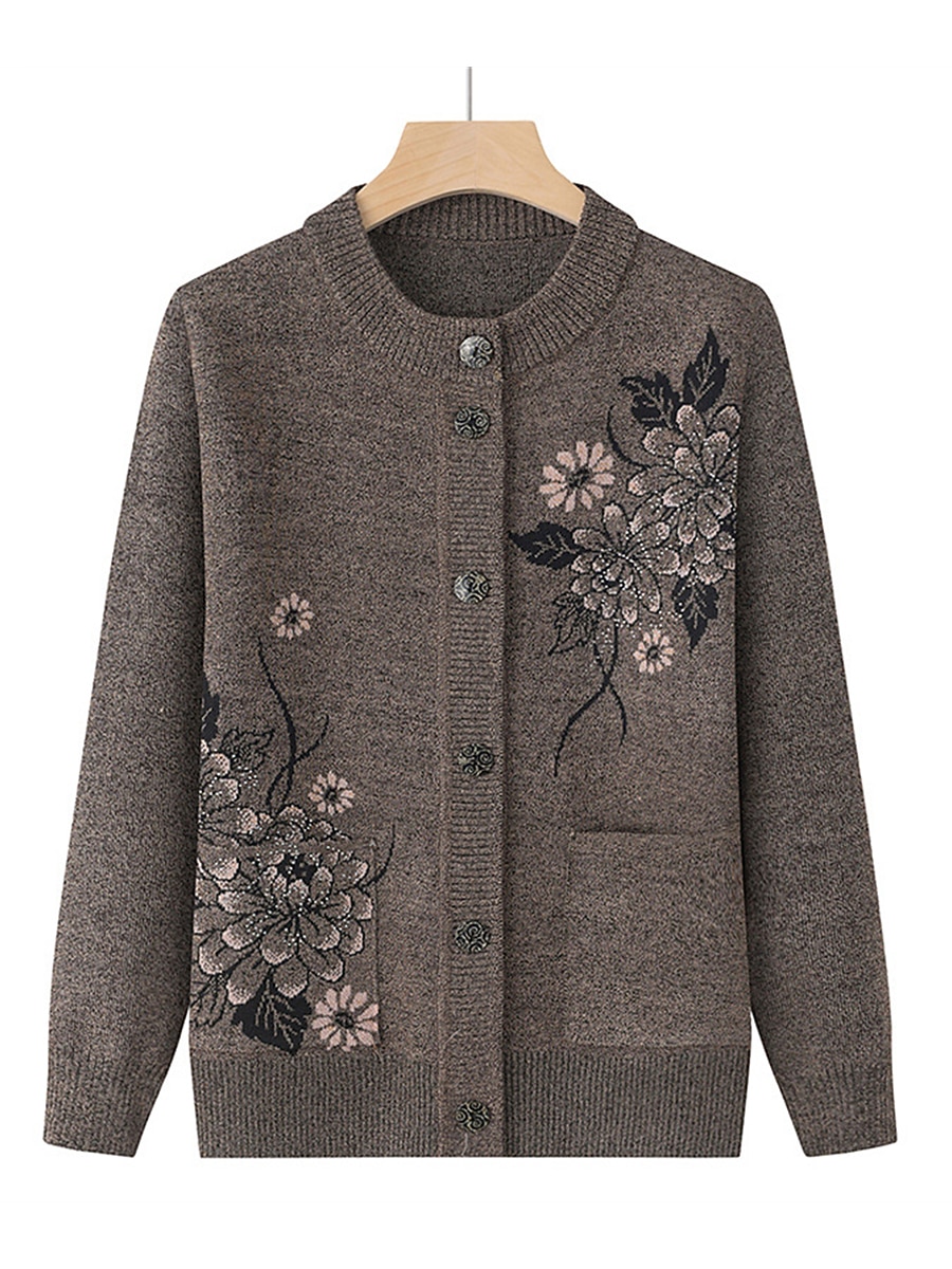 Dames Vest Trui Stijlvol Casual Zacht Bloemig Geribd Strakke ronde hals Knop Zak Lange mouw breien Buiten Feestdagen Uitgaan bordeaux Grasgroen Herfst Winter 2025 - $31.99 –P3