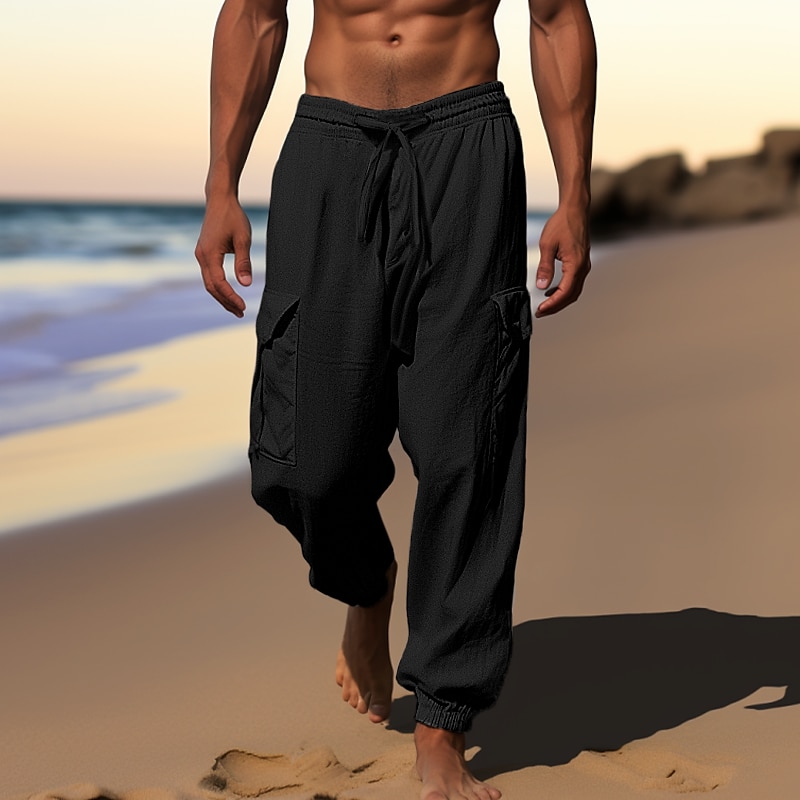 Homens Calças Cargo Corredor Calças de linho Calças Calça verão Com Cordão Cintura elástica Bolso multi Tecido Conforto Respirável Casual Diário Feriado Moda Estilo Clássico Preto Branco de 2025 por $25.99 –P4