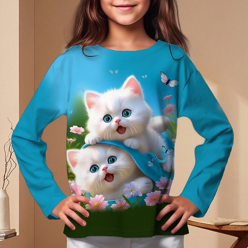 Flickor 3D Grafisk Tecknat Katt T-shirt Långärmad 3D-tryck Höst Vinter Aktiv Mode söt stil Polyester Barn 3-12 år Utomhus Ledigt Dagligen Normal 2025 - $12.99 –P1