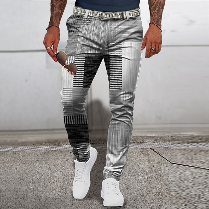 Ruter Geometri Forretning Herre 3D-utskrift Bukser utendørs Gate Arbeidsklær Polyester Blå Grønn Kakifarget S M L Medium Midje Elastisitet Bukser 2025 - $29.99 –P4