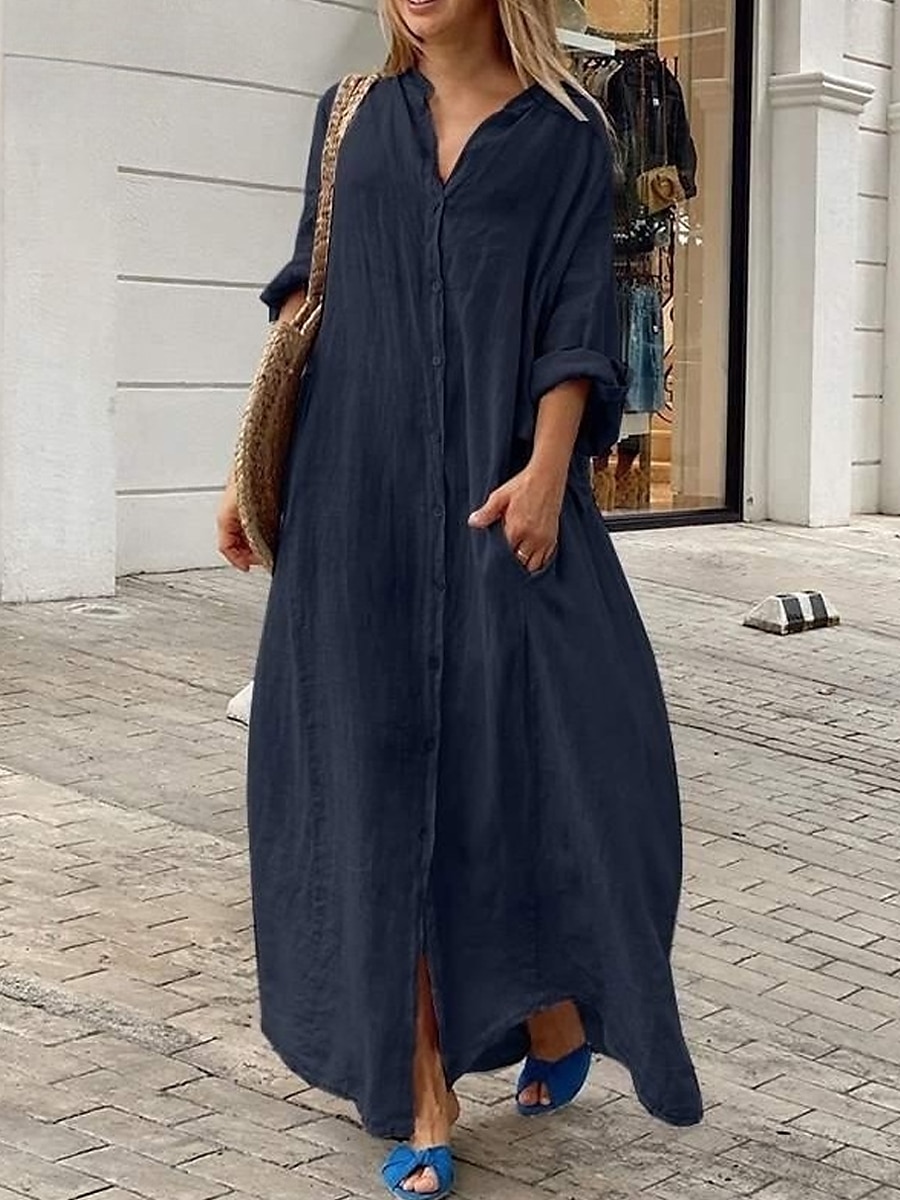 Femmes Noir Blanche Jaune Automne Robe Maxi Robe maxi Robes inspirées du lin Robe Blanche Robe noire Mode Quotidien Classique Extérieur Vacances Quotidien Coupe Ample Uni Col montant de 2025 ? $46.99 –P12