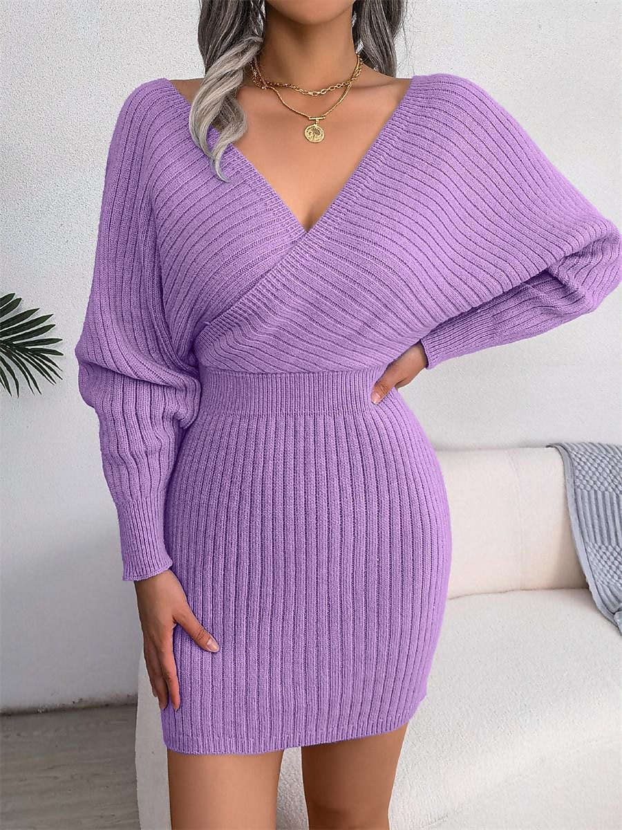 Women's Sweater Dress Jumper Dress Casual Dress Mini Dress Warm Pure Color Outdoor Casual Daily Going out Surplice Neck Long Sleeve Ruched 2023 Regular Fit Black White Blue S M L 2023 - US $27.99 –P4