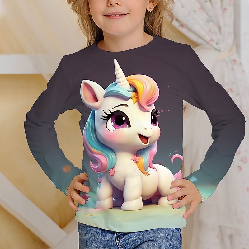 Flickor 3D Grafisk Tecknat Enhörnings T-shirt Långärmad 3D-tryck Sommar Höst Aktiv Mode söt stil Barn 3-12 år Utomhus Ledigt Dagligen Normal 2025 - $13.99 –P6