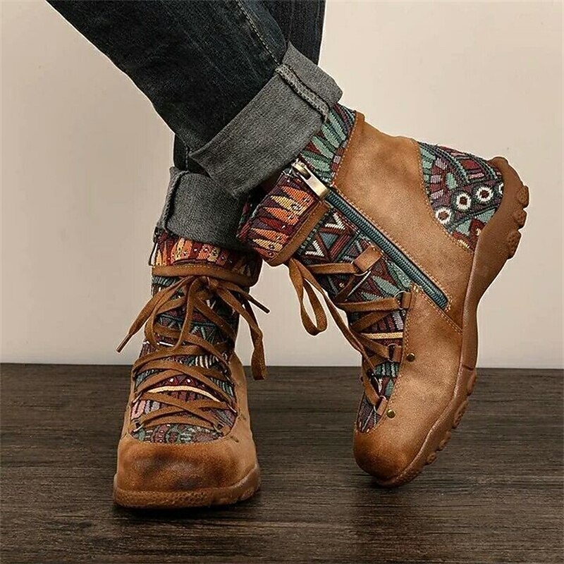 Women s Ethnic Style Lace Up Ankle Boots with Multicolor Tribal Pattern and Suede Accents Comfortable Casual Footwear for Outdoor Adventures 2024 29.99