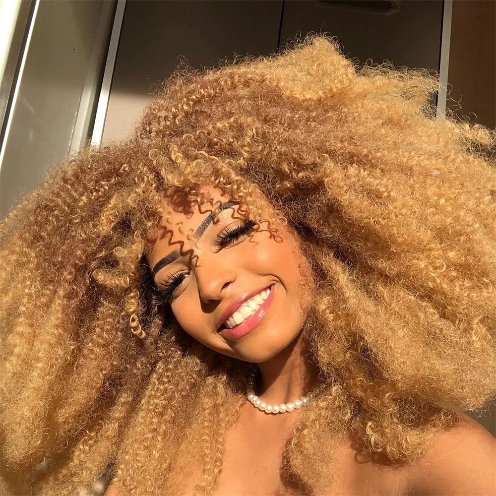 18 inch lange krullende pruik met pony voor zwarte vrouwen afro bom kinky krullende pruik pluizig en zacht synthetisch haar 2025 - $24.99 –P10