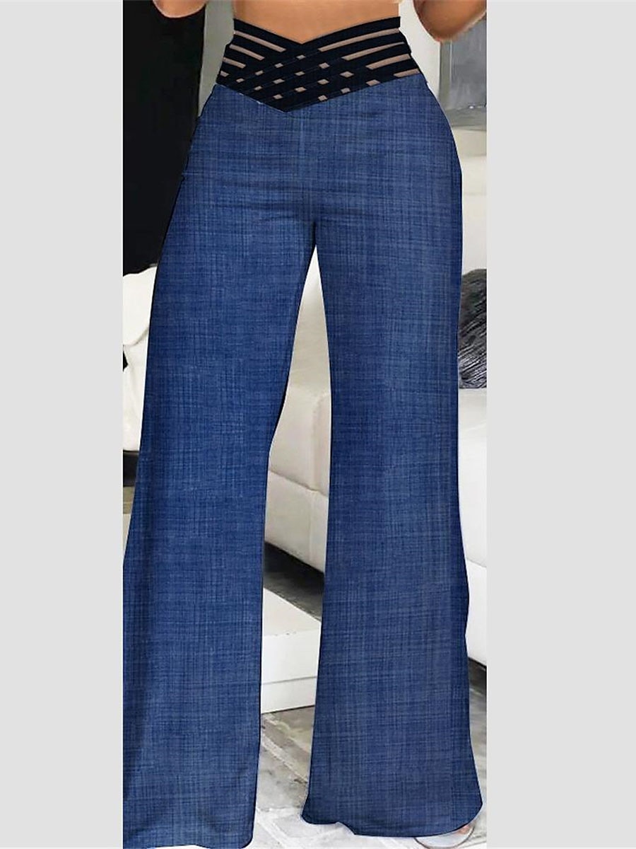 Women's Wide Leg Pants Trousers Full Length Faux Denim High Cut Hole High Elasticity High Waist Fashion Streetwear Party Street Blue S M Fall & Winter 2023 - AED 109 –P2