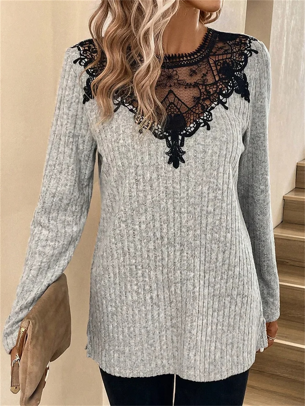 Női Ing Csipke ing Blúz Patchwork hálós felső Színes Elegáns Divat Alap Hosszú ujj Kerek Normál felsők Hétköznapi Csipke Kollázs Szürke Tavasz Ősz 2025 - $26.99 –P1