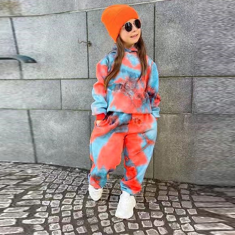 2 Stück kinderkleidung Mädchen Batik Tasche Set aus Kapuzenpullover und Jogginghose einstellen Langarm Aktiv Ausbildung 3-7 Jahre Herbst Rote Orange 2025 - $29.99 –P11