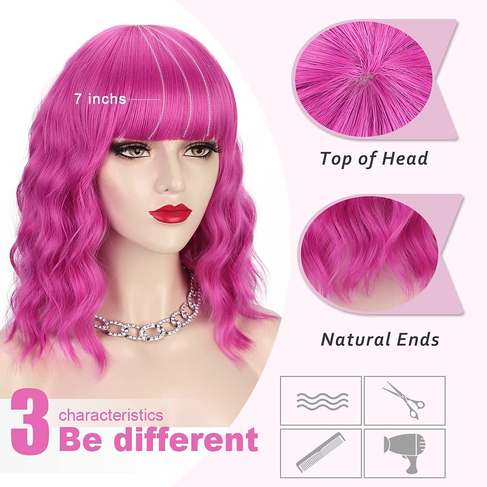 hete roze pruik met pony korte bob golvend krullend pruik schouderlengte hete roze pruiken voor vrouwen synthetisch haar kleurrijke pruik voor halloween kostuum cosplay 14 inch 2025 - $20.99 –P2