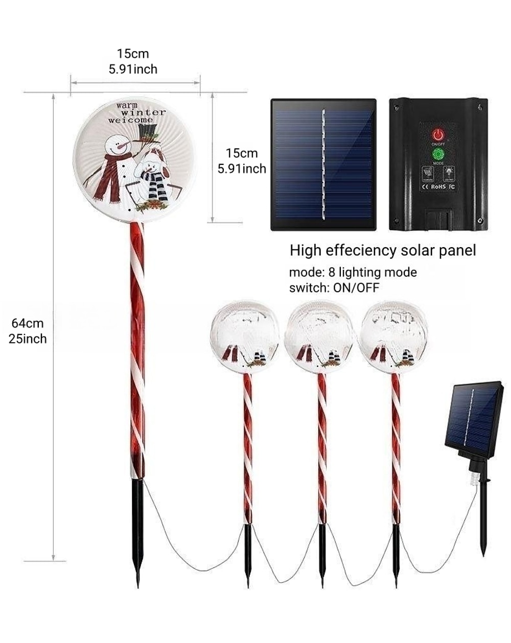 Рождественские солнечные леденцовые дорожные ог lights 80 LED 4 в 1 для улицы 25 дюймов 8 режимов освещения подсвеченные мятные трости рождественские украшения водонепроницаемый подключаемый 2025 - $37.99 –P3