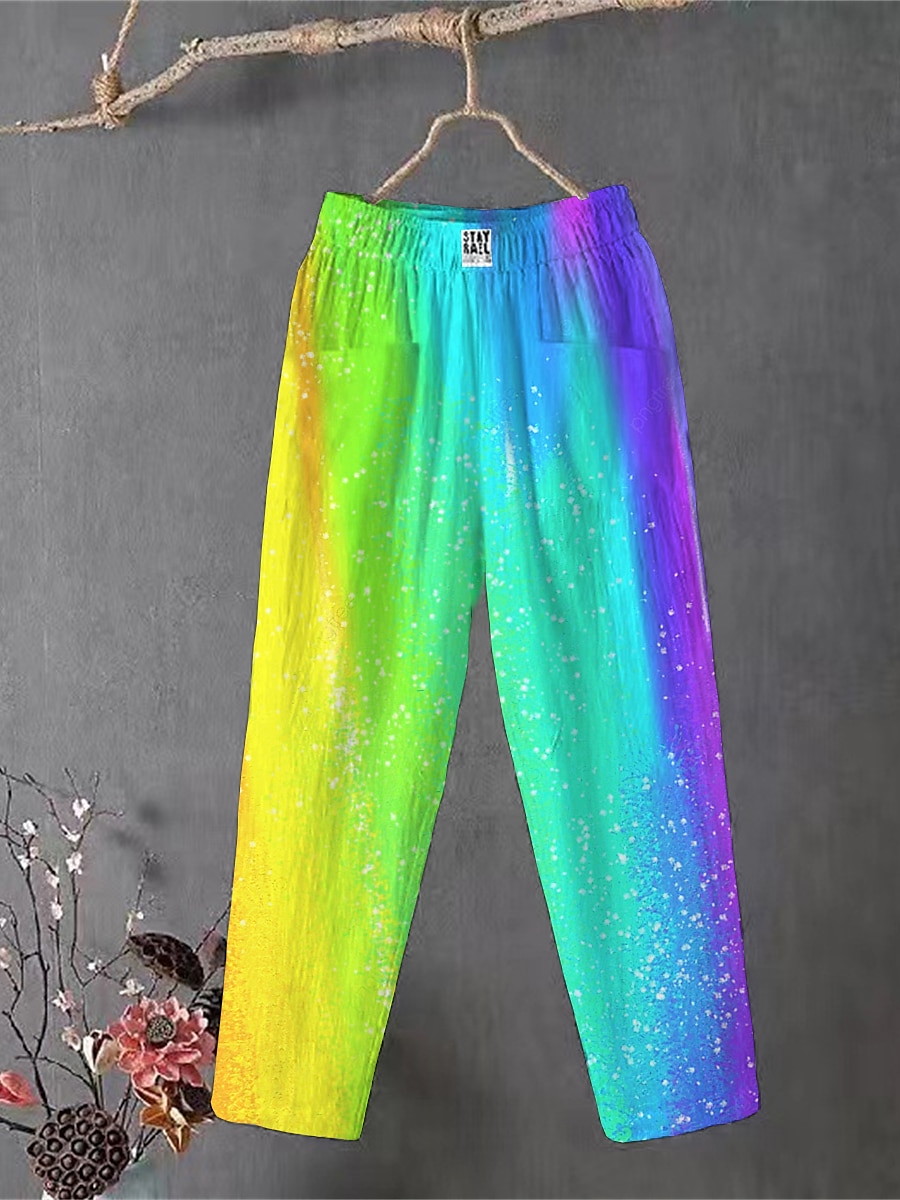 Dames Katoenen linnen broek broek Wijde broek Comfortabel Chino Enkellengte Middelhoge taille Kleurrijk Zak zakkerig Afdrukken Ademend Micro-elastisch Buiten Dagelijks Regenboog Regenboog Regenboog 2025 - $21.99 –P1
