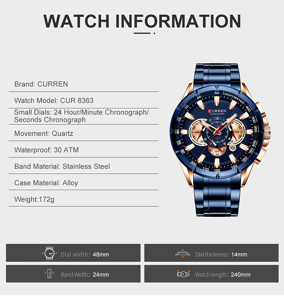  Wrist Watch Men Waterproof Chronograph Military Army Stainless  Steel Male Clock Man Sport Watches 8363 (Rose Gold Blue) : Clothing, Shoes  & Jewelry