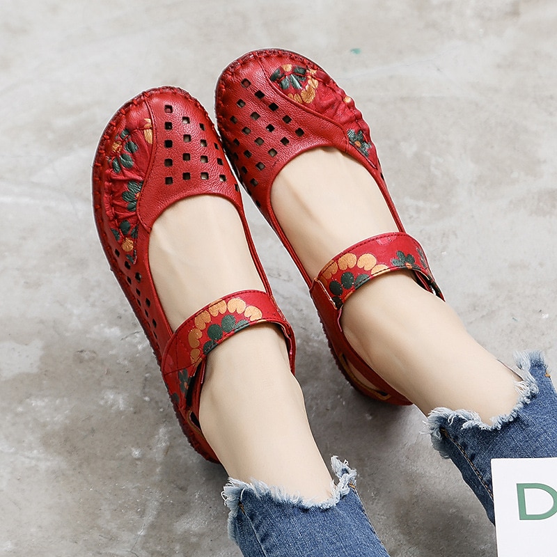 női piros bőr mezítlábas mary jane flats – hímzett virágos alkalmi kényelmes cipő tépőzáras pántokkal 2025 - $42.99 –P7
