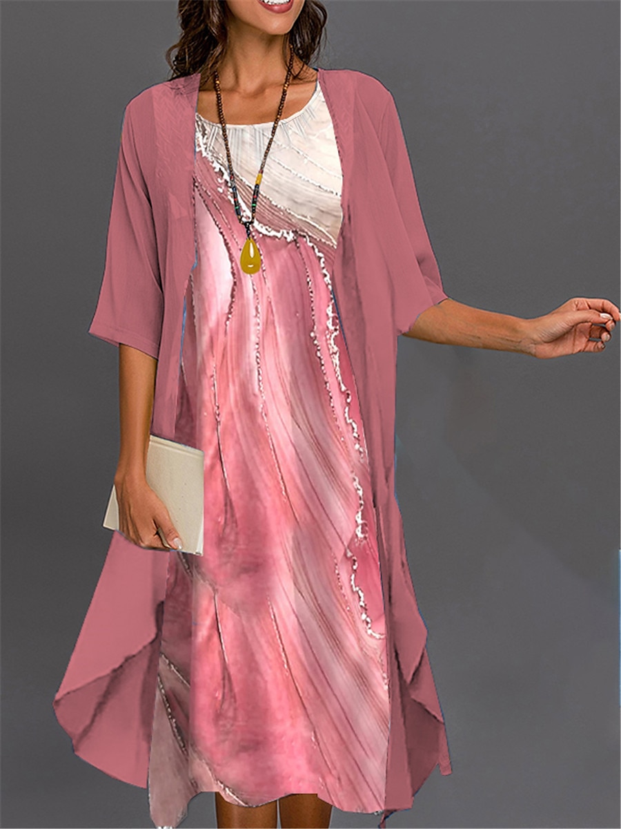 Abito di laurea da donna Abito midi Set di abiti Set di abiti Abito casual Stampa abito Elegante Moda Stampa floreale Manica 3/4 Collo a giro nudo Esterno Giornaliero Nero Bianco Rosa Estate Primavera del 2025 a $36.99 –P4