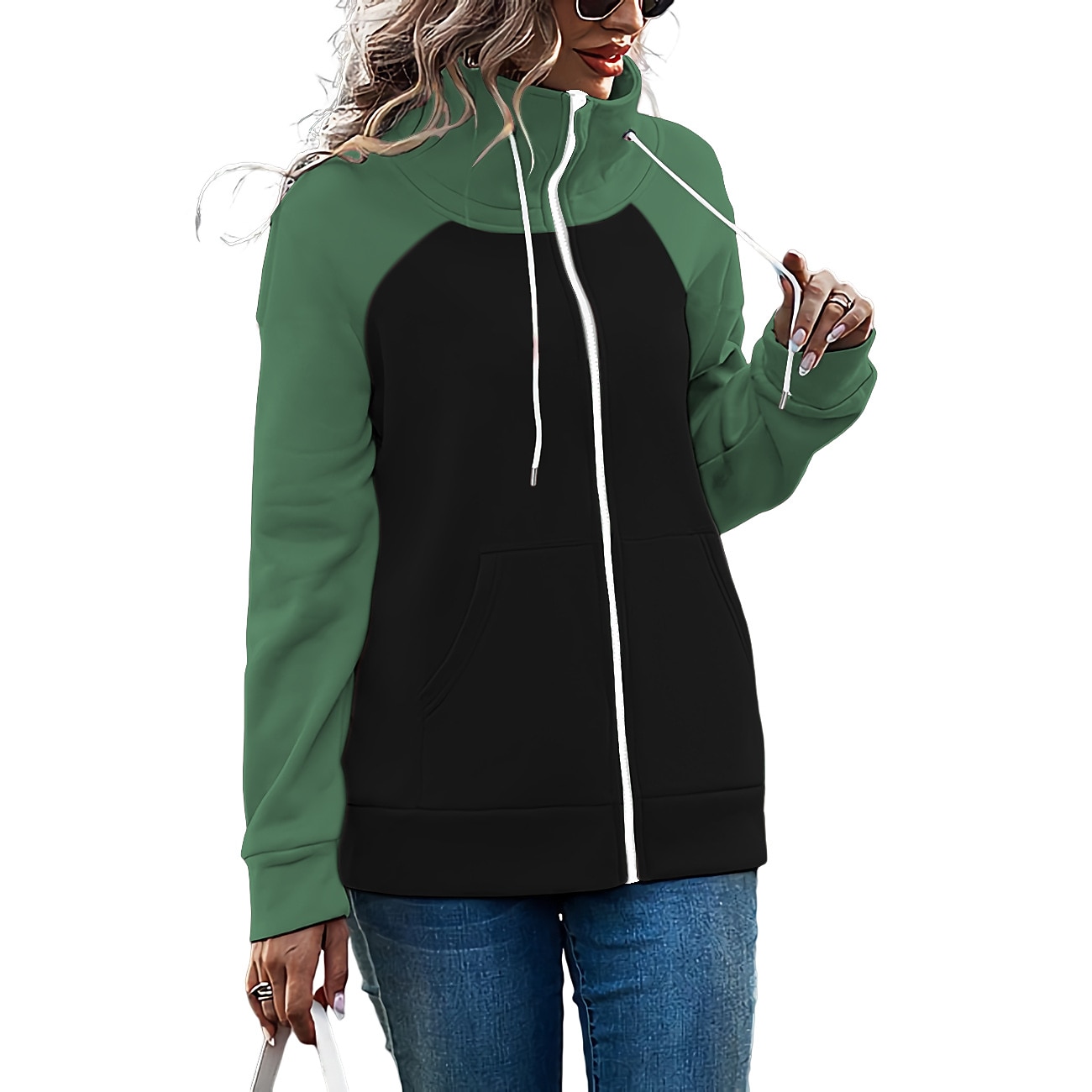 Damen Farbblock Basic Langarm Kapuzenpullover Normale Oberteile Strasse Casual Reißverschluss Vordertasche Weiß Rosa Rote Grün Armeegrün Herbst Winter 2025 - $20.99 –P5