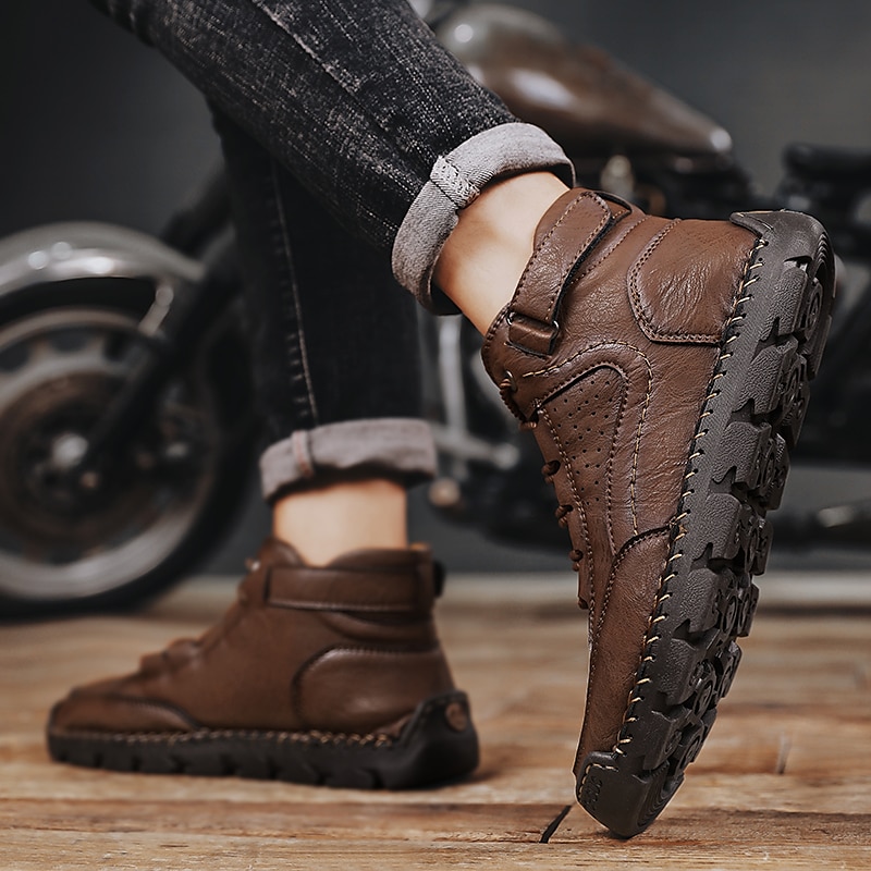 Men's Brown Leather Ankle Boots – Handmade Stitching, Lace-Up Design, and Durable Non-Slip Sole for Outdoor and Casual Wear 2025 - $54.99 –P3