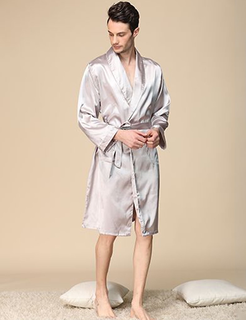 Men's Robe Silk Robe Sleepwear Plain Stylish Casual Comfort Home Daily Bed Faux Silk Comfort Summer Spring Silver Blue 2025 - $36.99 –P2
