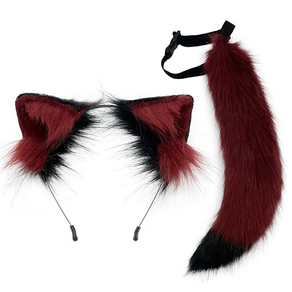 Conjunto de orejas y cola de bestia simulada, bonita cola de zorro de peluche, banda para el pelo con oreja de Lobo ajustable, accesorios para orejas de zorro 2025 - $30.99 –P3