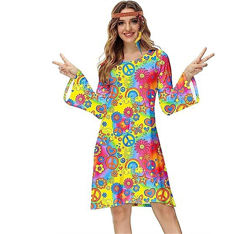 Hippie 1970er Disko Kleid Cosplay Kostüm Stirnband Trompetenärmel Hippie Disco Damen Mädchen Halloween Karneval Maskerade Party-Abendmode Pride Parade Pride-Monat Erwachsene Kleid Stirnband Frühling 2025 - €20.99 –P5