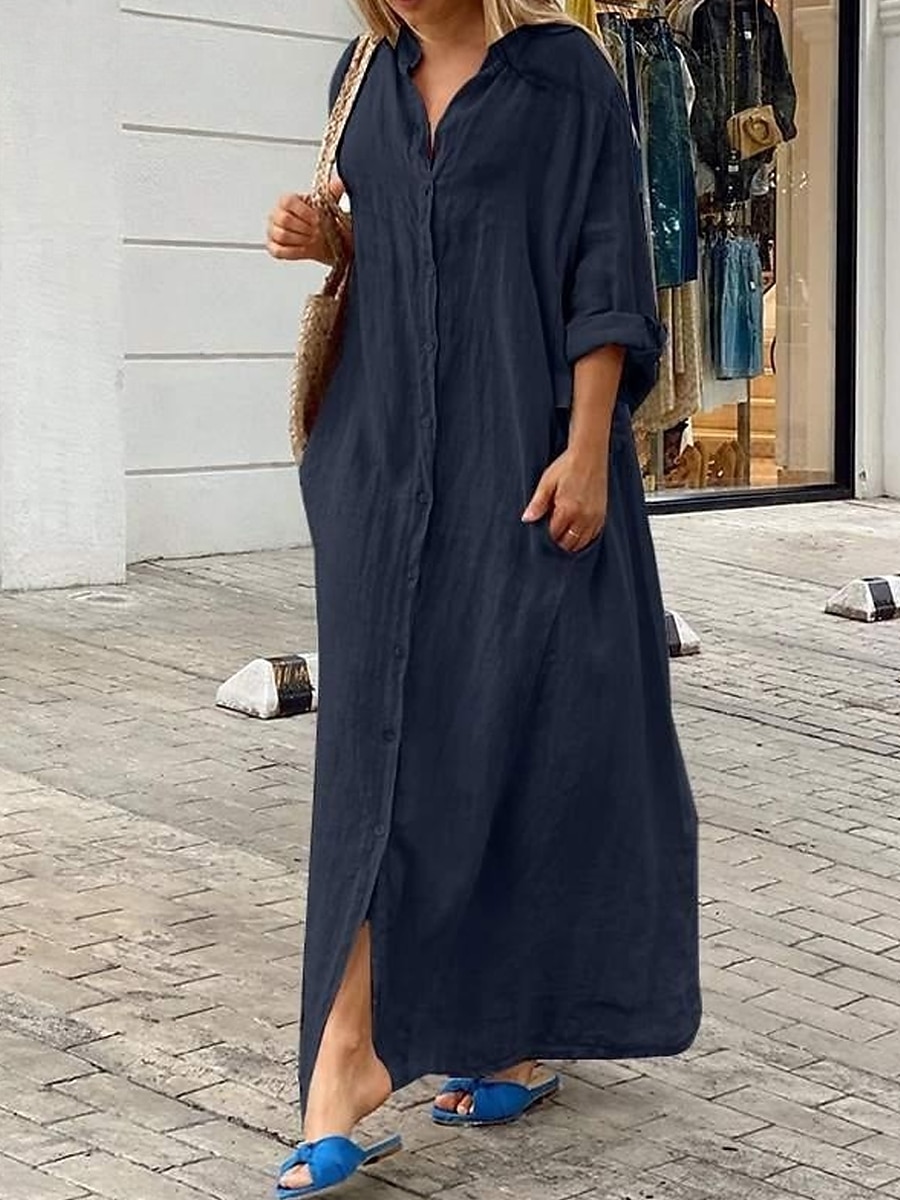Femmes Noir Blanche Jaune Automne Robe Maxi Robe maxi Robes inspirées du lin Robe Blanche Robe noire Mode Quotidien Classique Extérieur Vacances Quotidien Coupe Ample Uni Col montant de 2025 ? $46.99 –P13