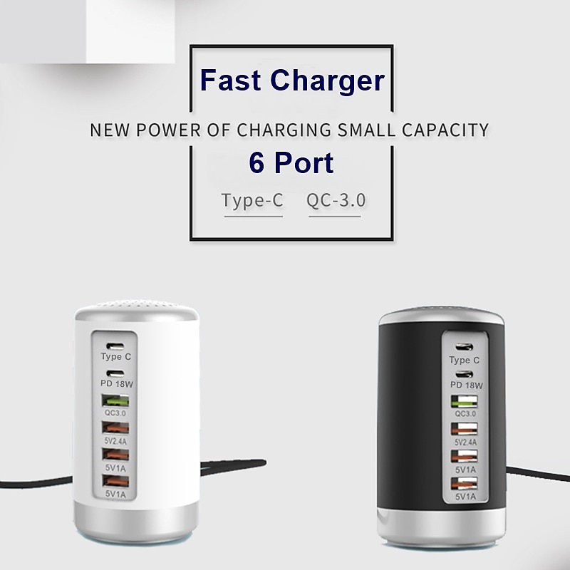 6 Port Desktop Charger, 65W USB Hub Charging Station (3 x USB+Type C+QC3.0+PD 18W), Multi-Port Charger Hub Desktop Charging Station, Fast Wall Charger Compatible with Smart Phones, Tablets and More 2025 - $28.99 –P1